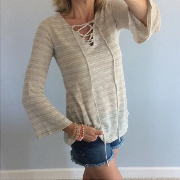 Women's Beige Lace-Up Top - Picture 2 of 6